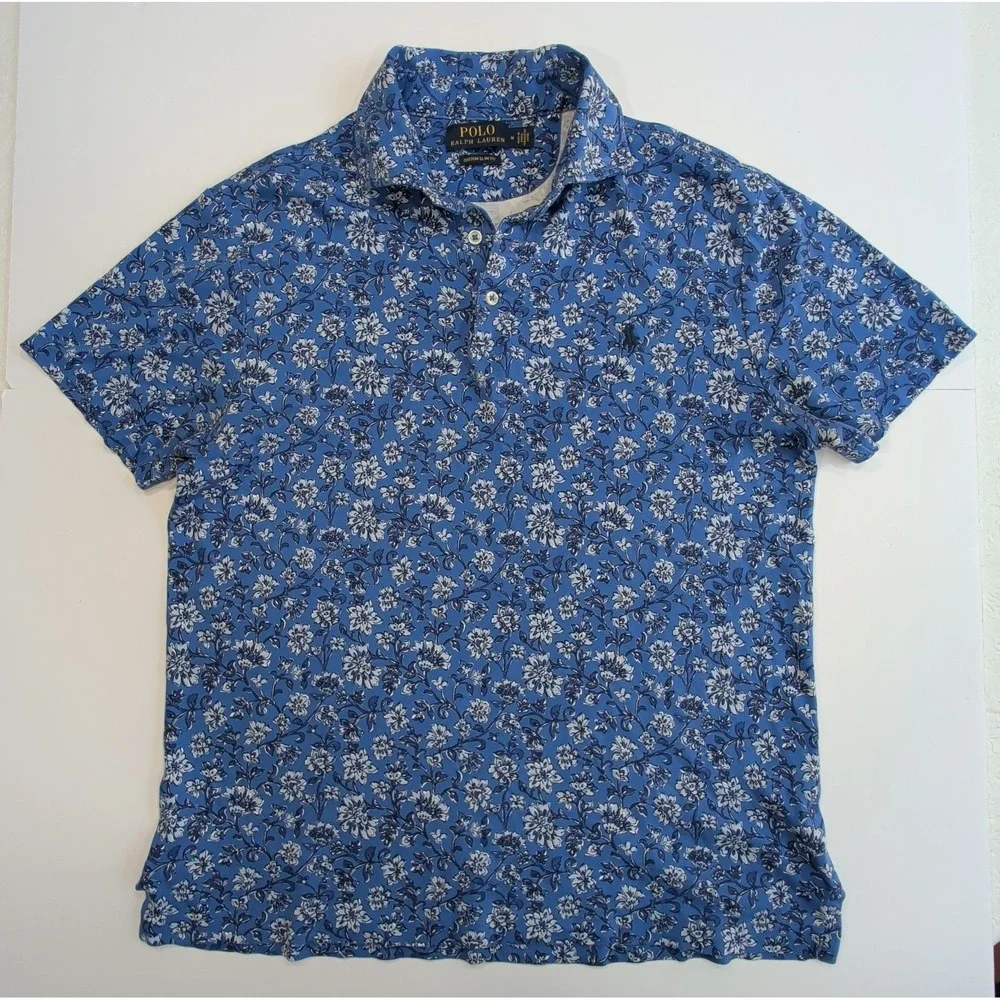 Polo Ralph Lauren Women's Medium Floral Print Polo Shirt Blue Golf Pickleball M
